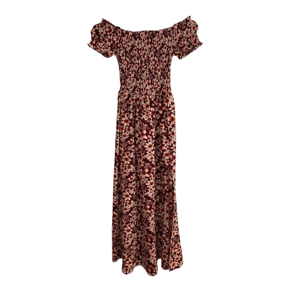 JUSTIFY Romper Dress All-in-1 Small Off Shoulder Smocked‎ Stretch Maroon Floral